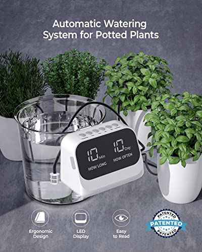 Automatic Watering System for Potted Plants, Plant Waterer, DIY Drip Irrigation Kit with Smart Timer, Waterproof LED Display & Large Capacity Battery, Precise Distribution of Water (White)