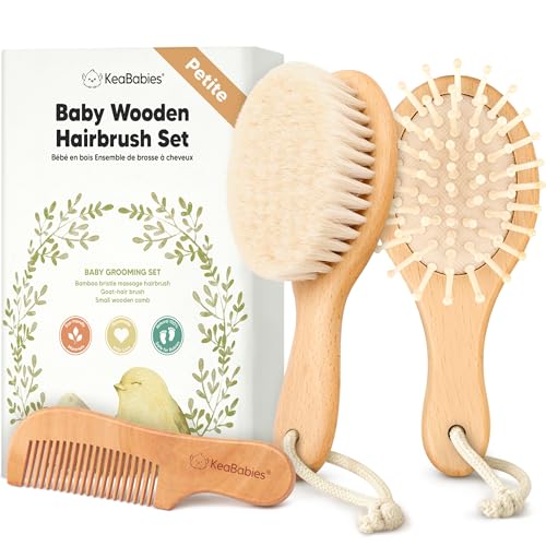 Wooden Baby Hair Brush Set for Newborns, Toddler Comb (Walnut, Petite) | Soft Goat Bristle, Baby Brush and Comb Set, Infant Grooming Kit, Cradle Cap Care, Durable & Gentle, Boy, Girl Bath Essential - color: Walnut, size: Oval, Petite 5"
