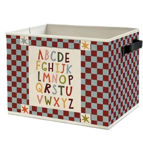 Alphabet Classroom Storage Bins Box with Handles, Red Blue Checkered Alphabet Educational Collapsible Basket Organizer for Classroom Toddler Kids Room Bedroom Bathroom Books Clothes - color: Color19
