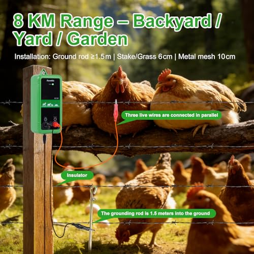 EF-07, 10KV Electric Fence Charger, 5 Miles 1 Joules Pulse Energy | Waterproof Electric Fence Kit for Livestock & Farm Needs, Supply for Animals, Pets, Poultry, Ranches and Gardens Protection