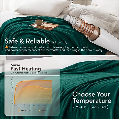 Wapaneus Foot Pocket Heated Blanket Electric Throw with 10 Heating Levels and 4 Timer Settings 4 Hours Auto Shut Off, Flannel Fast-Heating Heated Throw 50" x 60", Machine Washable, Vintage Green - color: Vintage Green, size: 50*60in