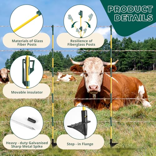 48In/4FT Fiberglass Step-in Electric Fence Posts | 5 Large Clips, Holds Wire, Poly Tape, and Poly Rope, Livestock Control | Lightweight, Anti-Rotation
