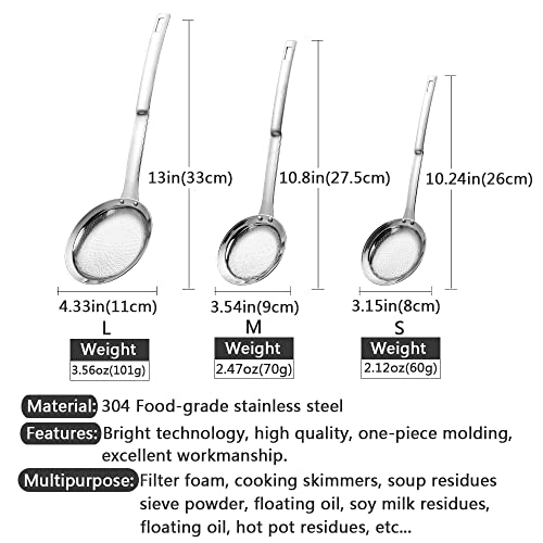 3Pack Sieve Fine Mesh Strainer Set Stainless Steel Metal Flat Cooking Skimmer Ladle Colander With Handle Food Strainer Kitchen Tools For Kitchen Baking Oil Filter Flour Sifter Foam,L M Small