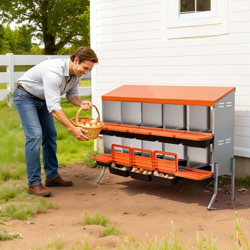 VEVOR Chicken Nesting Boxes, 10 Compartments, with Support Legs, Easy Egg Collection, Galvanized Steel and High-Strength Plastic, Roll Away Nesting Boxes for Chickens and Hens Laying Eggs, Orange - size: 52.0"L x 20.7"W x 39.0"H