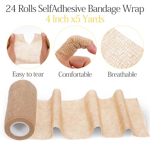 24 Rolls Self Adhesive Bandage Wrap, Vet Wrap 4 Inch x 5 Yards for Horses Dogs Wounds Care, Beige Self Sticking Elastic Bandage Tape for Wrist, Ankle, Sports