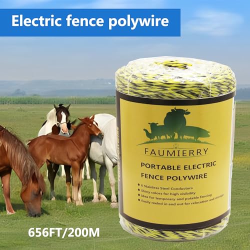 656 Feet 200 Meter Yellow/Black Electric Fence Polywire, 6 Stainless Steel Conductors, Easy to Install Electric Fencing - 1 Roll - size: 655ft