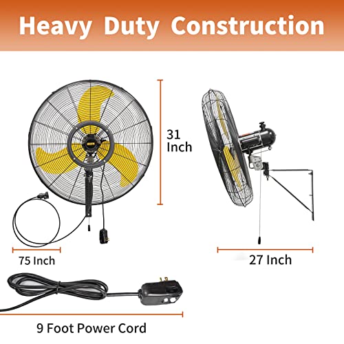 HiCFM 30 inch Misting Outdoor Oscillation Weatherproof Wall Mounted Fan | Industrial Fan with IP44 Enclosure Motor, GFCI Plug, 9300 CFM 3-Speeds High Velocity Powerful Wall Fan, UL Outdoor Approved - size: 30" outdoor