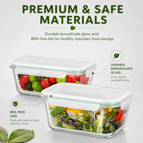 2 Pack Large Glass Storage Containers with Lids 85oz/10.5cup Big Airtight Glass Food Storage Containers for Rotisserie Chicken Watermelon Meal Prep, BPA Free, Freezer Dishwasher Oven Safe - color: green