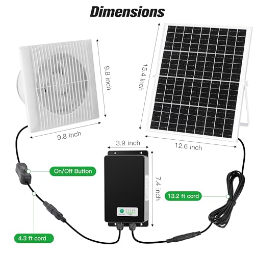 blessny 8" Solar Rechargeable Exhaust Fan for Greenhouse, Chicken Coop | 25W Solar Powered Ventilation Vent Fan with 66.6 Wh Battery Backup for Outdoor Air Circulation - size: 8" Fan Large Kit