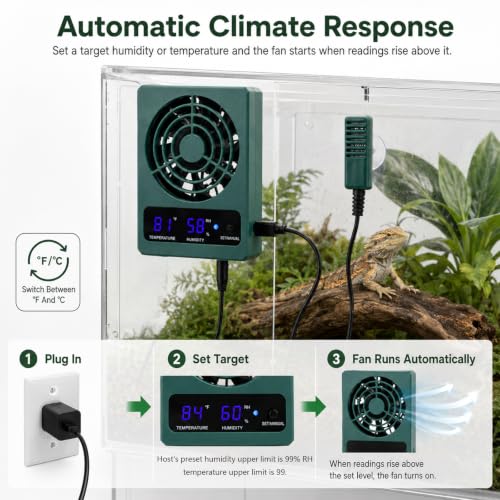 Reptile Ventilation Fan, Auto Temperature/Thermometer Control LED Digital Humidity Gauge, °C/°F Switchable Dehumidifier for Reptile Tank, Rainforest, Ecological Pet Rearing Box - size: Dual Function