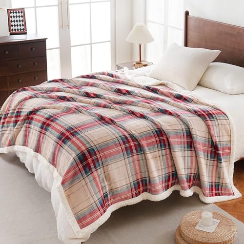 PU MEI Sherpa Fleece Throw Blanket 60" x 80" Reversible Plush Fluffy Large Big Blanket Lattice Flannel Blankets for All Season Use, Chrismas Red - color: Chrismas Red, size: 60"*80"