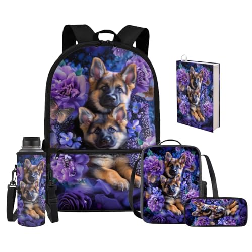 Upetstory German Shepherds Backpack for Girls Boys Kids School Bag Set Elementary Bookbag with Insulated Lunch Box Pencil Case Book Cover Water Bottle Sleeve Kindergarten Daypack 5 In 1 - color: German Shepherds