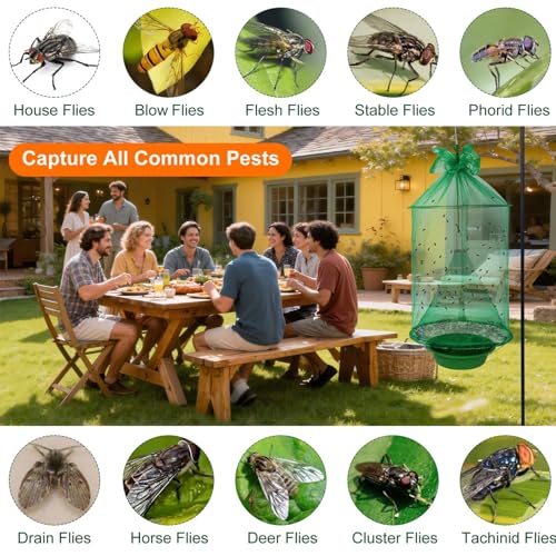 Reusable Outdoor Fly Trap Hanging Fly Catcher with Brush-6 Pack | Fly Cage Ranch Fly Traps with Bait Tray, Fly Control Killer Repellent Hunter Catcher for Barn Orchard Farm Horse Patio - size: 6 pack