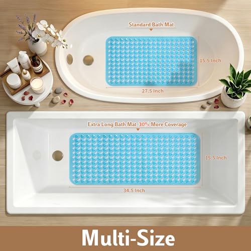 Yimobra Bathtub Mat Non Slip, Super Strong Suction Cups, 28"X16" Long Shower Mat with Drain Holes, Machine Washable Fast Draining Bath Mats, Bathroom Essentials,Clear Blue - color: Clear Blue, size: 27.5 X 15.5 Inch