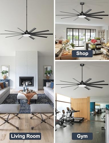 Ohniyou 96" Industrial Ceiling Fan with Bright Lights, High CFM Shop Fan | Remote/App Control, 10 Aluminum Blades, Extra Large Metal Fan for Covered Patio, Gym, Warehouse, Black - color: Black, style: With Light