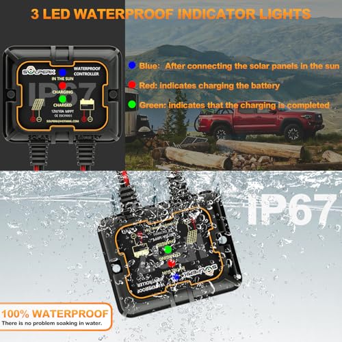 Solar Panel Kit 10W 12V Waterproof Solar Battery Trickle Charger | Solar Battery Maintainer + Smart MPPT Controller + Adjustable Mount Bracket for Boat Car RV Motorcycle Marine Automotive - size: 10W