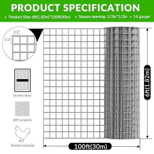 Welded Wire Fence 1/2‘’x 1/2‘’ 6ft x 100 ft,Vinyl Coated Welded Wire Mesh Roll,16GA Heavy Duty Galvanized Chicken Wire Fencing, Hardware Cloth for Yard Vegetable Protection Goat & Poultry Netting - size: 1/2‘’x 1/2‘’ 6ft x 100 ft