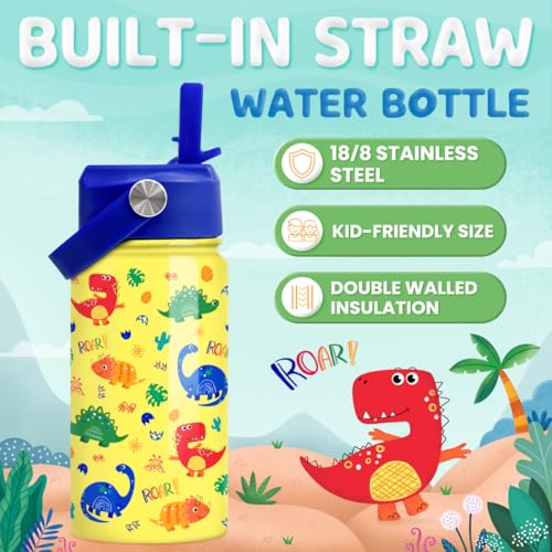 Dinosaur Kids Water Bottle - 12 Oz Insulated Stainless Steel - Straw Lid for Toddlers & Kids - School & Sports Travel Cup - color: Dinosaur 2