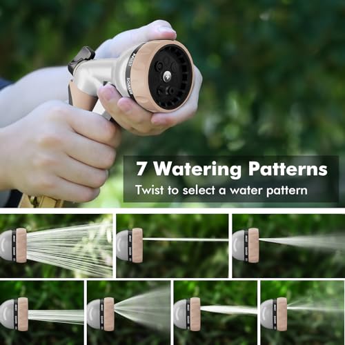 RESTMO Garden Hose Nozzle, Heavy Duty Metal Water Hose Nozzle with 7 Adjustable Spray Patterns, High Pressure Hand Sprayer with Flow Control, for Watering Plants & Lawns, Washing Cars & Pets, Gold - color: Gold
