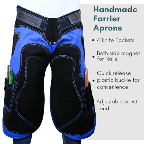 – Farrier Apron Cowhide Leather Hoof Trimming Chaps | with Premium Air Mesh Lining, Foam Knee Pads, 4 Knife Pockets & Nail Magnets | Adjustable Waist for Men & Women (Apron Only) - color: Blue - Black, size: 65cm - 25inch
