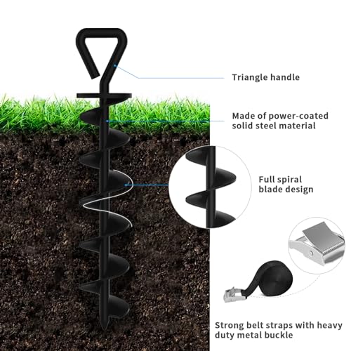 Eurmax USA 4 Pack Heavy Duty Ground Stakes,Industrial Grade Spiral Steel Screw-in Trampoline Anchors with 4 Reinforced Straps,High Wind Stabilizing Kit for Dog Tie-Out,Canopies,Sheds,Swing Sets,Black - color: Black, style: Triangle Head Pro