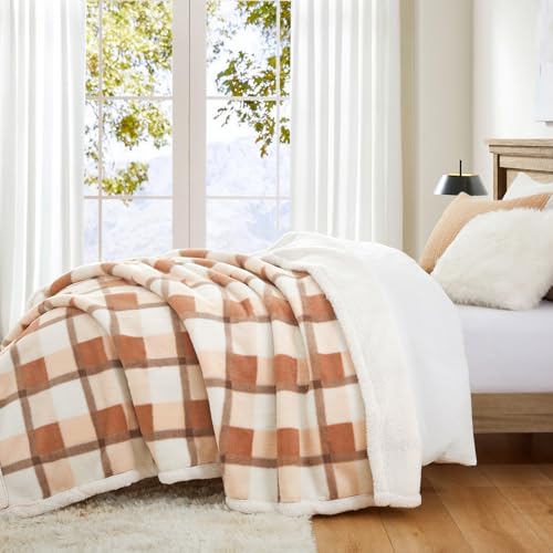 PU MEI Super Soft Faux Rabbit Fur Sherpa Fleece Throw Blanket, Reversible Luxury Cozy Cute Furry Blanket, Plush Warm Shaggy Fluffy Checkered Blankets for Sofa Couch Bed (Beige-Plaid, 60" x 80") - color: Beige-plaid, size: 60"*80"