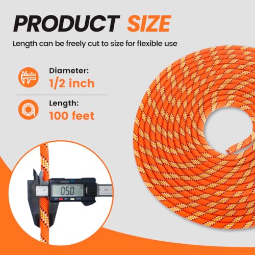 RIOOP Double Braid Polyester Rope, 1/2 in x 100 ft Heavy Duty Bull Rope | 48 Strands, 5290lbs Breaking Strength, for Tree Work, Camping, Hiking, Swing, Sailing and Indoor Outdoor Use, Orange - size: 1/2in x 100ft, style: Orange