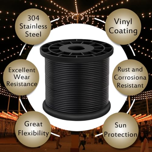 Vinyl Coated Wire Rope 304 Stainless Steel Coated Wire Cable-Black, 1/16" OD to 3/32" x 500FT, with 200 Pcs Crimping Sleeves-Cable for String Lights, Suitable for Clotheslines - size: 500FT