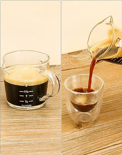 QWORK Espresso Shot Glass with Handle, 4 Pack 3-Ounce Double Spout Glass Measuring Cup Triple Pitcher Milk Cup with Two Scales (OZ&ML)