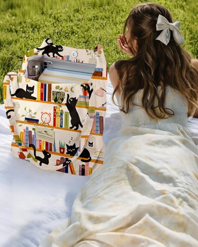 Miss Adola Corduroy Tote Bag for Women with Aesthetic Design | Magnetic Buckle & Pocket, Reusable, Soft, Roomy, Long Shoulder Handles, Double-sided Print, Casual Daily Work, Grocery Bags - color: Wt Bookshelf Black Cat, size: Large