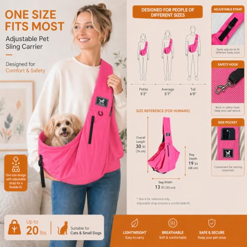 Dog Sling Carrier for Small Dogs & Cats 5-20 lbs, Adjustable Depth | Breathable Air Mesh Puppy Sling, Water-Resistant Travel Bag, Double Safety Leash, Machine Washable, Hands-Free Pouch, Fuchsia - color: Fuchsia