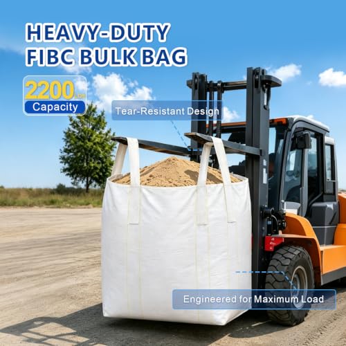 5 Pack FIBC Bulk Bags 2200 lbs Capacity – Heavy Duty 35"x35"x43" Ton Bags with Duffle Top & Flat Bottom, Woven Polypropylene Industrial Sacks for Sand, Gravel, Construction & Farm Waste Disposal