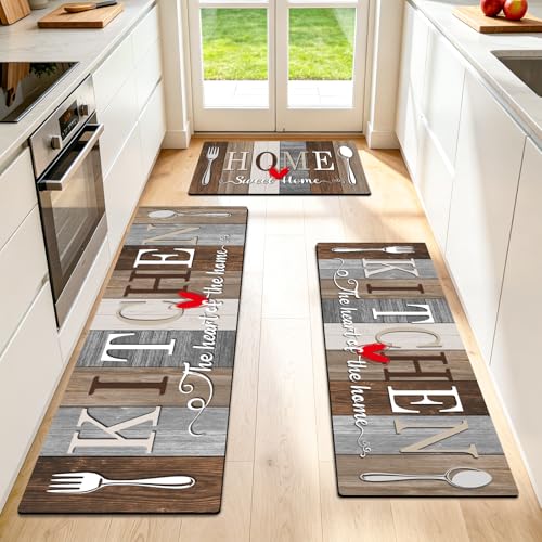 Kitchen Rugs Set 3 Piece, Non Slip Kitchen Mats for Floor, Soft Fabric with Rubber Backing, Farmhouse Anti Fatigue Runners Carpet for Home Kitchen Laundry Room Hallway (Rustic Brown & Grey) - color: Rustic Brown & Grey