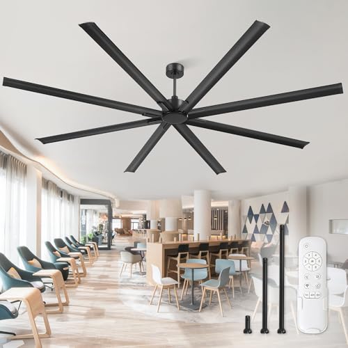 ZMISHIBO 108 Inch Industrial Ceiling Fan without Light, 8 Aluminum Blades | DC Motor, Damp Rated, 6 Speeds, Remote Control, 3 Downrods, Flat/Sloped Ceiling, Commercial, Farmhouse, Garage, Warehouse - color: Black, size: 108inch