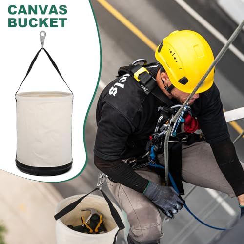 Lemecima Utility Canvas Bucket 15" x 12" All Purpose Truck Tool Bucket Bag Organizer with Plastic Bottom Metal Hook for Store Work Tool Accessory, Load Capacity up to 150 Lbs