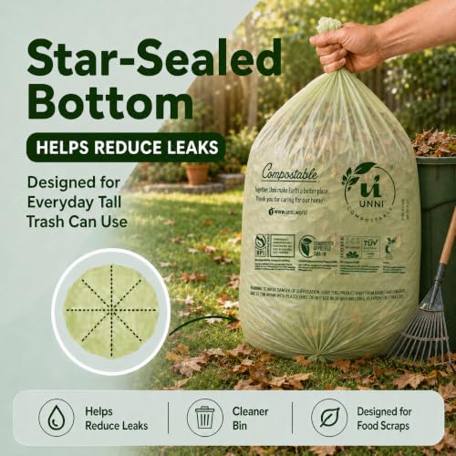 UNNI 30-33 Gallon Compostable Bags, 20 Count, 124 L, Extra Thick 1.1 Mil | Large Compost Bags for Lawn, Leaf & Yard Waste & Kitchen Organics, Certified by BPI, CMA & OK compost HOME, Meets ASTM D6400 - size: 20 Count (Pack of 1), style: 33 Gallon