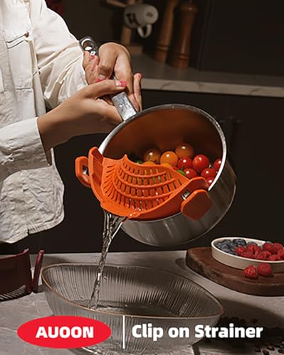 AUOON Pot Strainer Clip on Silicone, Large 10.45 x 4.33 in, Almond Rose | Fits Pots Pans Bowls, Dishwasher Safe, for Pasta Noodles Vegetable Fruits, Space-saving Kitchen Gadget - color: Almond Rose, size: Large 10.45 x 4.33 in