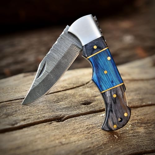 Poshland Steelware Custom Damascus Steel Folding Pocket Knife – Handmade, Compact for Outdoor, Camping, Hiking and Hunting (Blue Pakka Wood) - color: Blue Pakka Wood