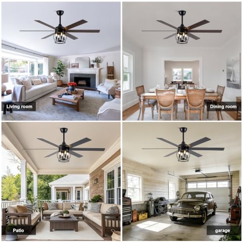 60" Farmhouse Ceiling Fan with Lights Remote Rustic Ceiling Fan | Industrial Black Caged Fandelier Large Moden Chandelier for Living Room Bedroom, 3 Downrods 6 Dual Blades 4 E12 Bulb Bases - color: Caged, size: 60 Inch