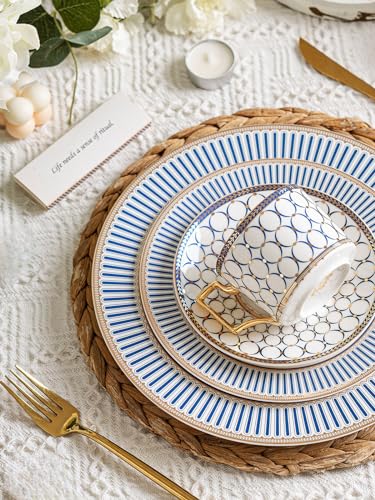 7 Oz Bone China Blue Tea Cup and Saucer Service for 4, Afternoon Porcelain Tea Set with Teapot, Tea Sets For Women Tea Party. - color: White Gold B