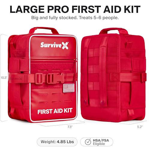 SurviveX Large Pro First Aid Kit, Labeled Pockets, Zip Stitch Wound Closure | Emergency kit for 5-6 people, close wounds without stitches, organized first aid for car, home, travel, camping, outdoors