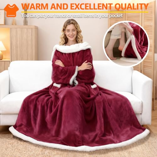 Wearable Heated Blanket With Sleeves & Foot Pocket, Heated Throw Blankets Fast Heating Blanket With 10 Heat Settings Auto Shut Off Over-Heat Protection-Warm Gift, Machine Washable, 52”*72”+18” - color: Red