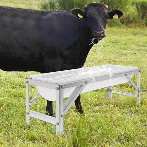 Livestock Feed Trough 9.25Gal Horse Water Trough with Stand, 39" Long Large Capacity Feeder Galvanized Livestock Feeding Troughs Heavy Duty Hay Feeder for Goats, Sheep, Calves (Silver+White) - color: Silver+White