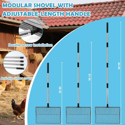 15" Large Chicken Coop Scooper for Sand - Heavy Duty Stainless Steel Poop Scooper with 38-64" Telescoping Handle - Adjustable Poultry Manure Rake & Sifter Shovel for Easy Cleaning