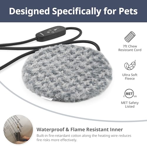 Adjustable Temperature Cat Heating Pad, 11.8"x11.8", 30W, Light Gray | 6 Heat Settings, 4 Timer Options, Chew-Resistant Cord, Rosebud Fabric Surface, Ideal for Small Cats & Rabbits - size: XS – Round 11.8"