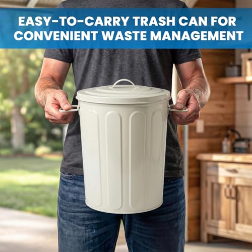Plexon 5 Gallon Small Metal Trash Can with Lid Outdoor Galvanized Steel Bucket with Lid 5 Gal Storage Can for Dog Food Bird Seed Storage Container, Off-White - color: Off-White