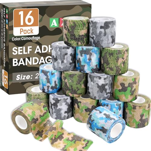 AZEN 16 Pack Camo Self Adhesive Bandage Wrap, 2" X 5 Yards Elastic Cohesive Bandage Wrap, Athletic Tape, Vet Wrap, Ankle Tape, Tattoo Tape Wrap (Camo) - color: Camo, size: 2IN - 16Pack