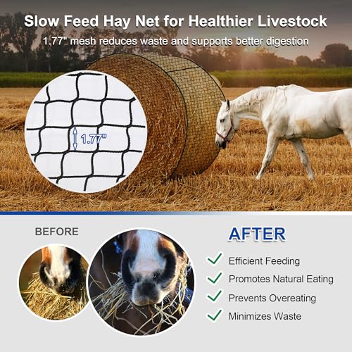Large Round Bale Hay Net 5x5 ft for Horses, Heavy Duty Slow Feed Hay Net with Knotless Design and 1.7" Holes for Livestock Goats, Fits for Round Bales 4x4-5x5ft or Square Bales 3x3x8-4x4x8ft - style: 5*5Ft(Black)