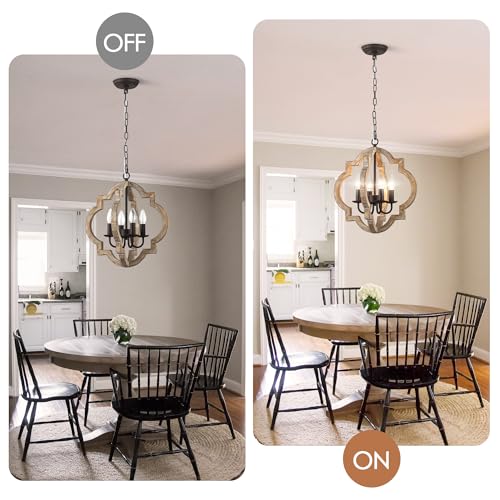 16" Farmhouse Chandelier for Dining Room, Wood Rustic Chandelier | Dining Room Light Fixtures Over Table 4-Lights French Country Hanging Light, Adjustable Height for Entryway Kitchen Island - color: 16" Wood