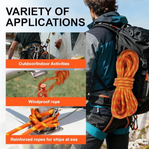 50m Climbing Rope 5/16" for Rescue & Mountaineering, UIAA | High-strength nylon, 8mm 164ft, orange, abrasion & UV resistant, ideal for trekking & outdoor work
